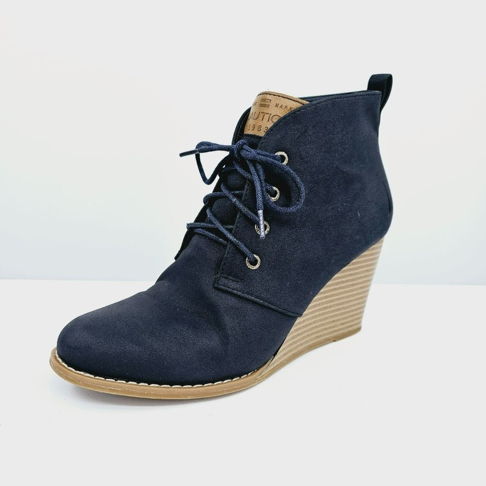 Nautica Waterline Wedge Ankle Booties 7.5 Navy Blue Brown Lace Up Faux Leather